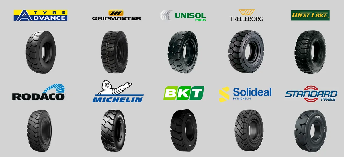 Marcas de pneus para empilhadeira: Advance, Gripmaster, Unisol, Trelleborg, Westlake, Rodaco, Michelin, BKT, Solideal e Standard